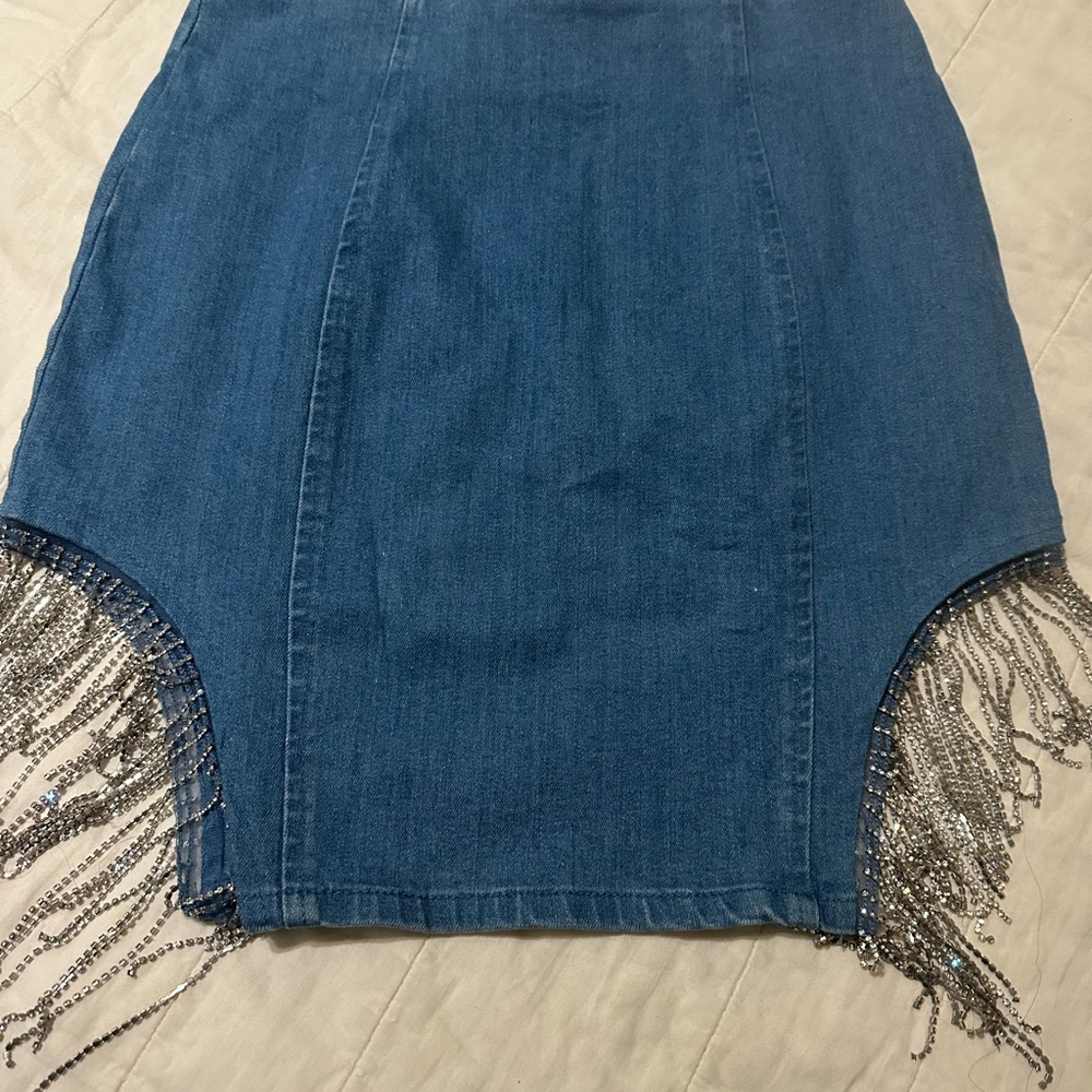 Denim Skirt with Fringe Detail